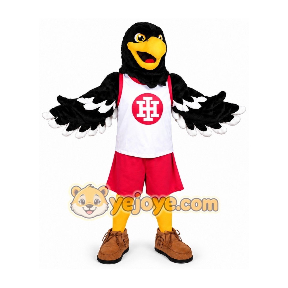 Black Bird Mascot Costume with White Jersey and Red Shorts Black Bird Mascot Costume with White Jersey and Red Shorts
