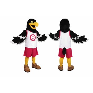 Black Bird Mascot Costume with White Jersey and Red Shorts