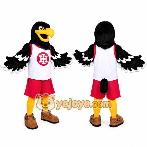 Black Bird Mascot Costume with White Jersey and Red Shorts
