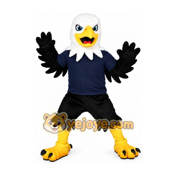 Black Eagle Mascot Costume with Navy Blue T-Shirt