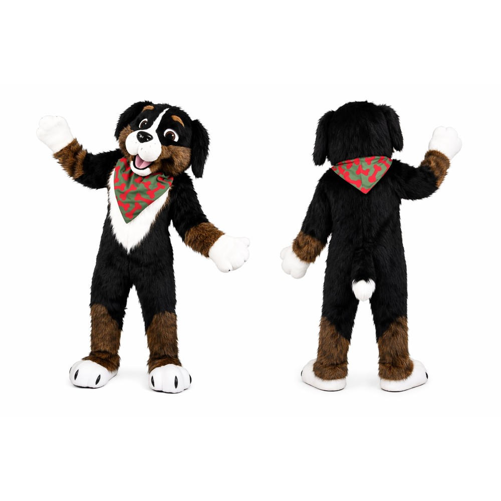 Black Brown White Dog Mascot Costume with Green Bandana