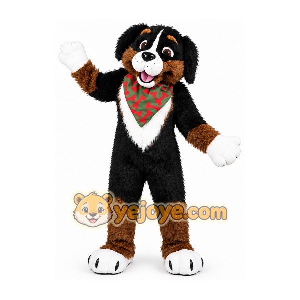 Black Brown White Dog Mascot Costume with Green Bandana