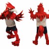 Red Bird Mascot Costume with Beige Shirt and Navy Shorts