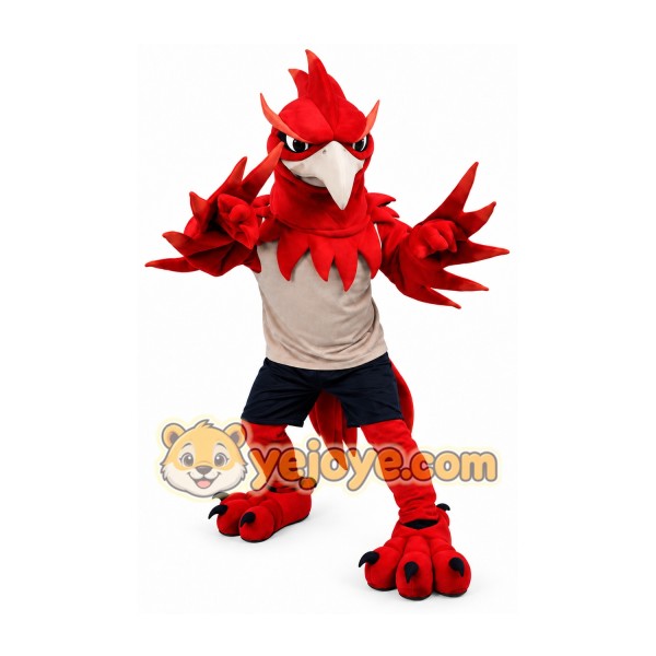 Red Bird Mascot Costume with Beige Shirt and Navy Shorts