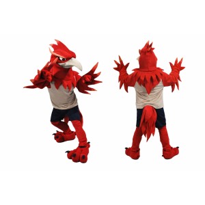 Red Bird Mascot Costume with Beige Shirt and Navy Shorts