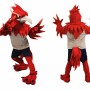 Red Bird Mascot Costume with Beige Shirt and Navy Shorts
