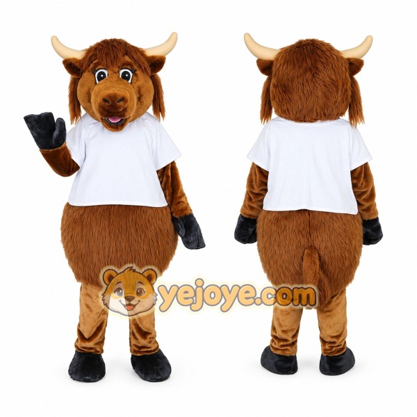 Brown Bull Mascot Costume with White T-Shirt