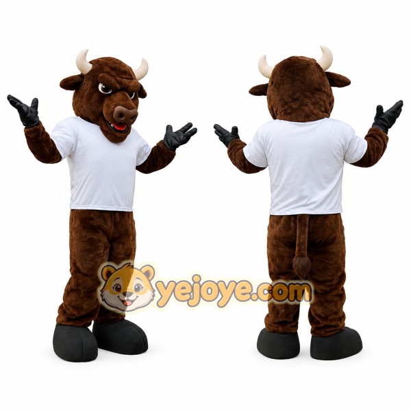 Dark Brown Bull Mascot Costume with White T-Shirt