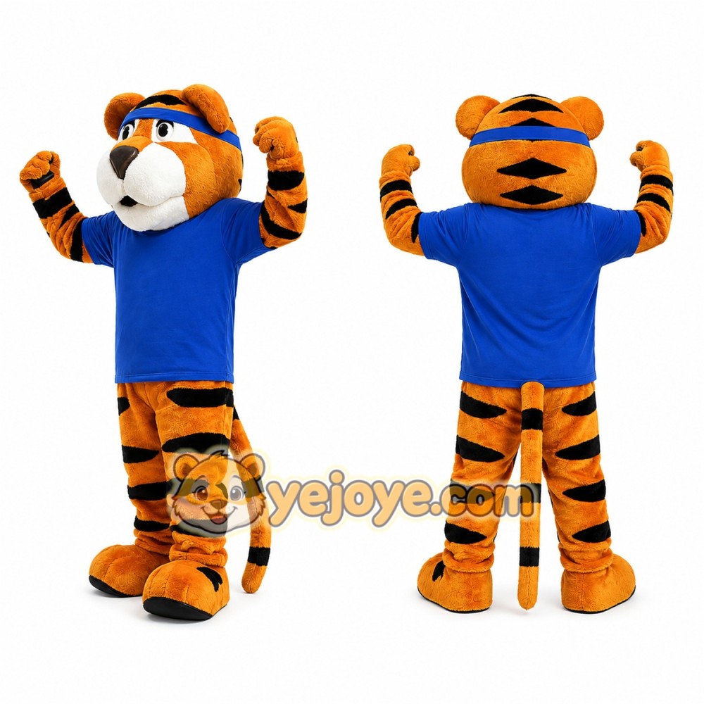 Orange Tiger Mascot Costume with Blue Shirt Orange Tiger Mascot Costume with Blue Shirt