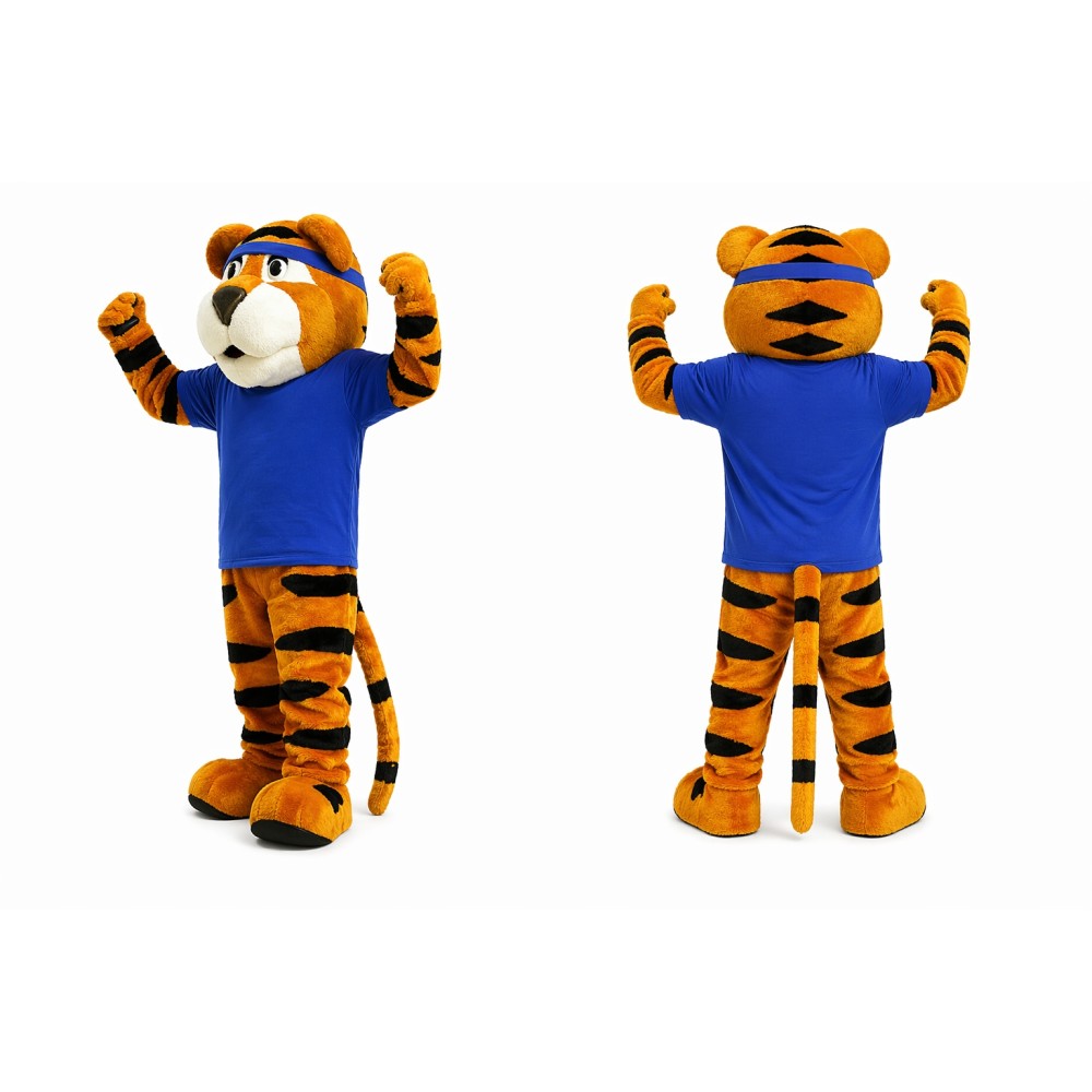 Orange Tiger Mascot Costume with Blue Shirt
