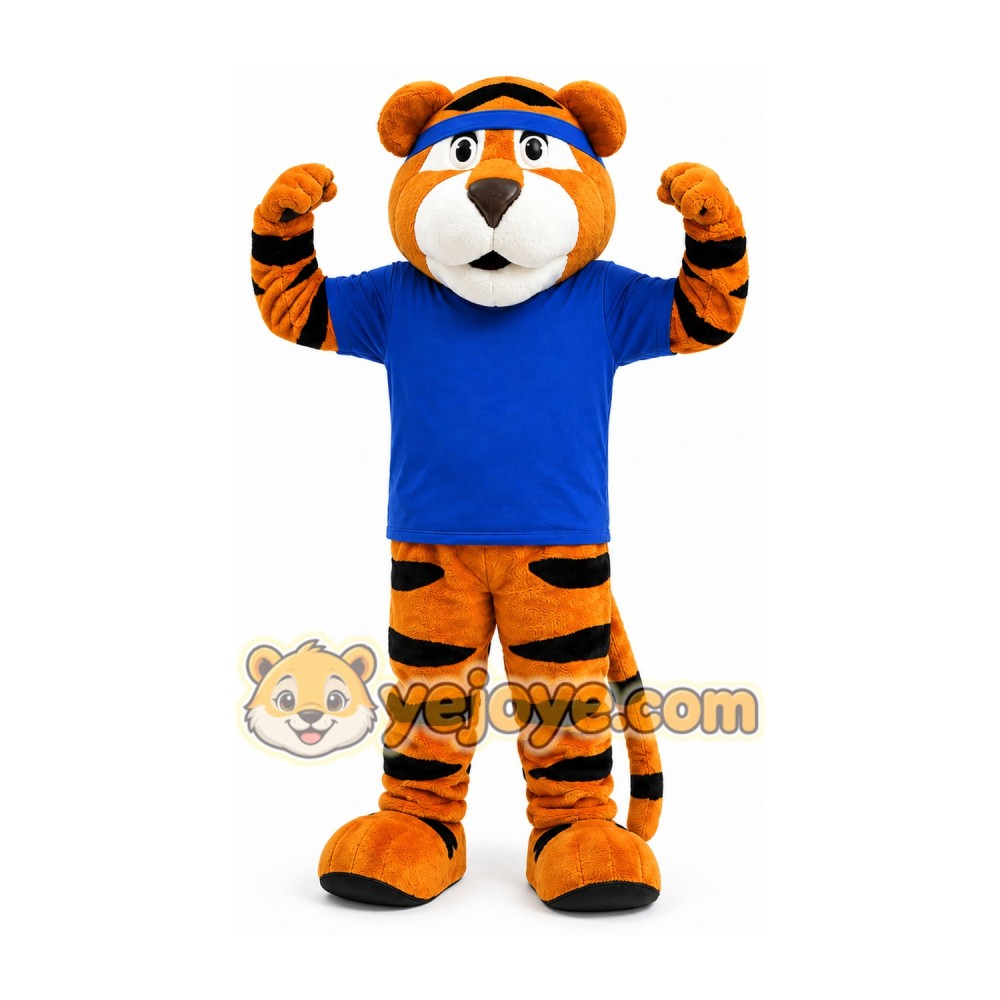 Orange Tiger Mascot Costume with Blue Shirt Orange Tiger Mascot Costume with Blue Shirt