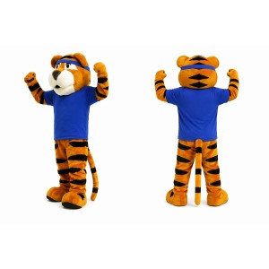 Orange Tiger Mascot Costume with Blue Shirt