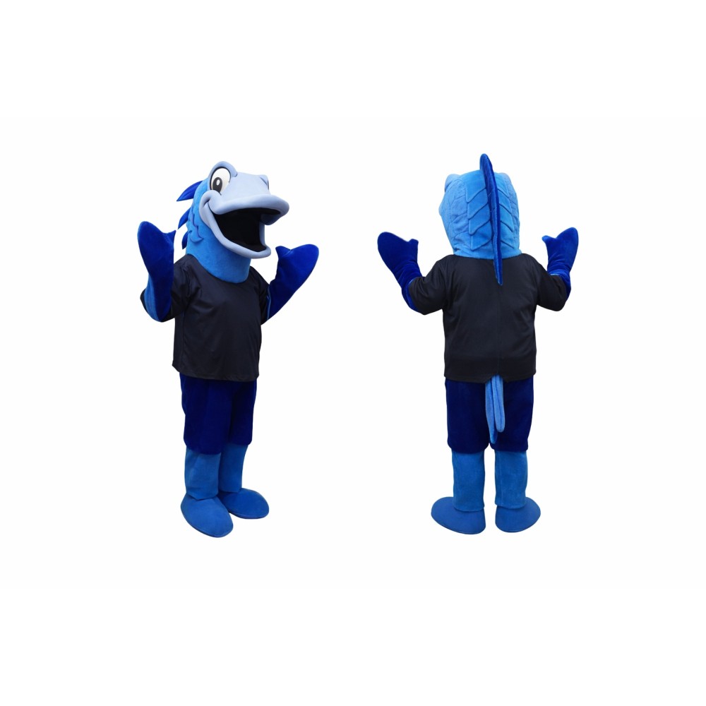 Blue Shark Mascot Costume with Black Outfit