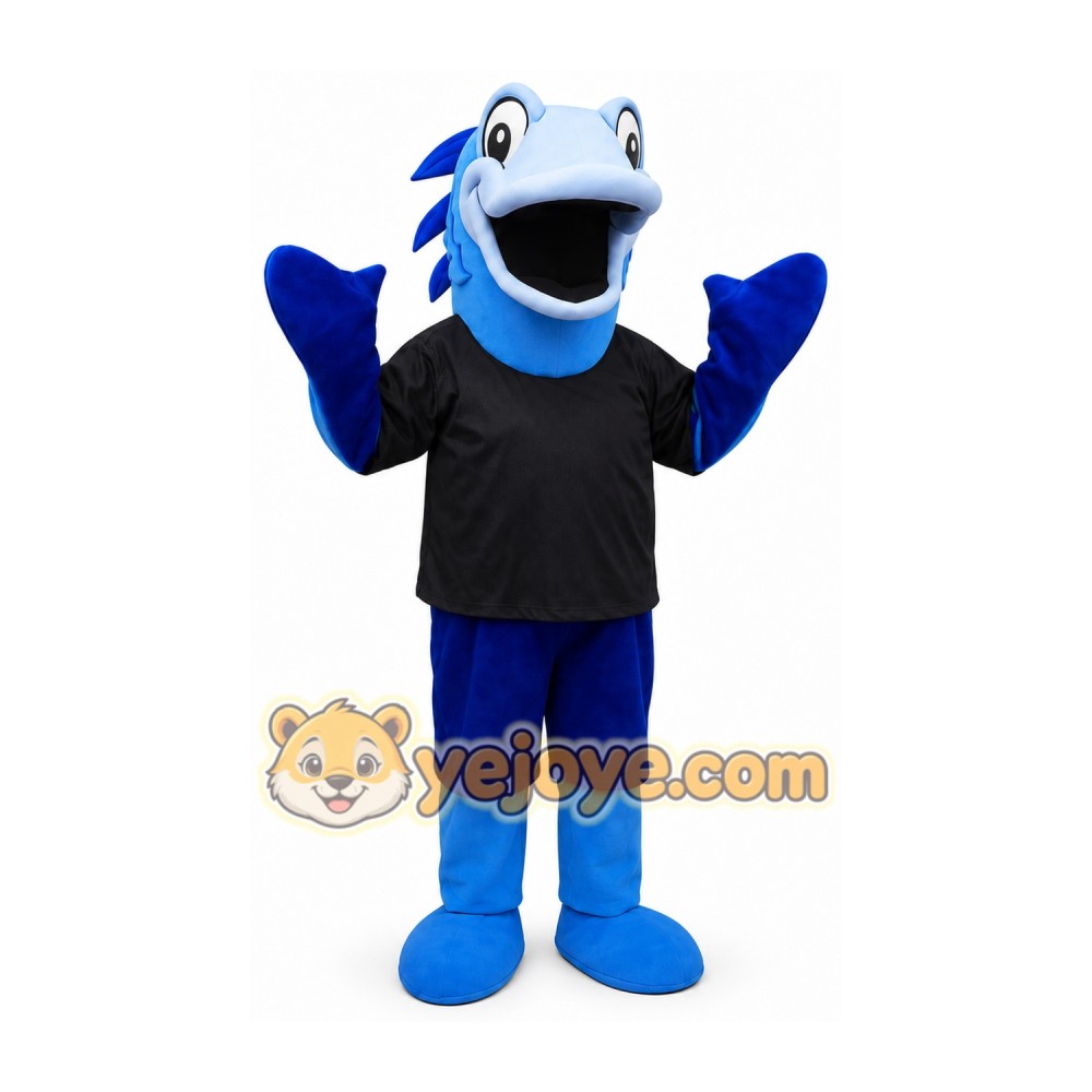 Blue Shark Mascot Costume with Black Outfit Blue Shark Mascot Costume with Black Outfit
