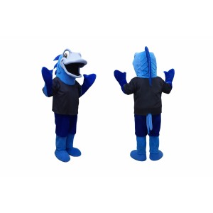 Blue Shark Mascot Costume with Black Outfit