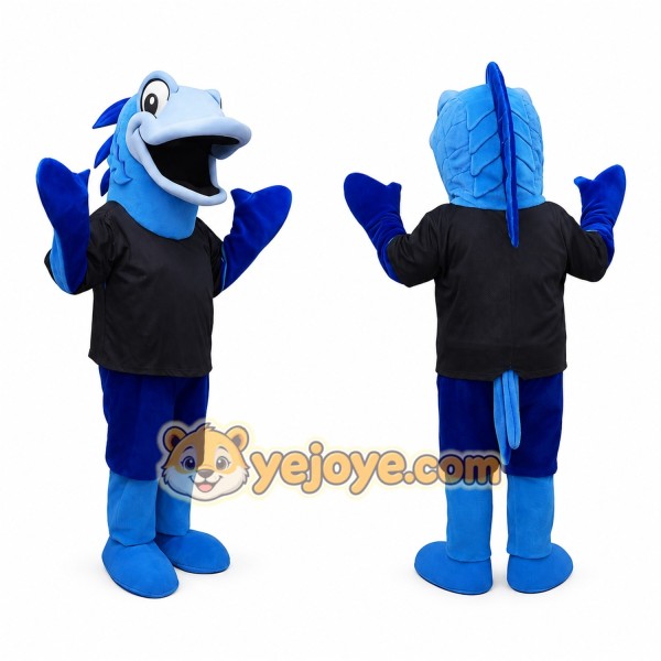 Blue Shark Mascot Costume with Black Outfit