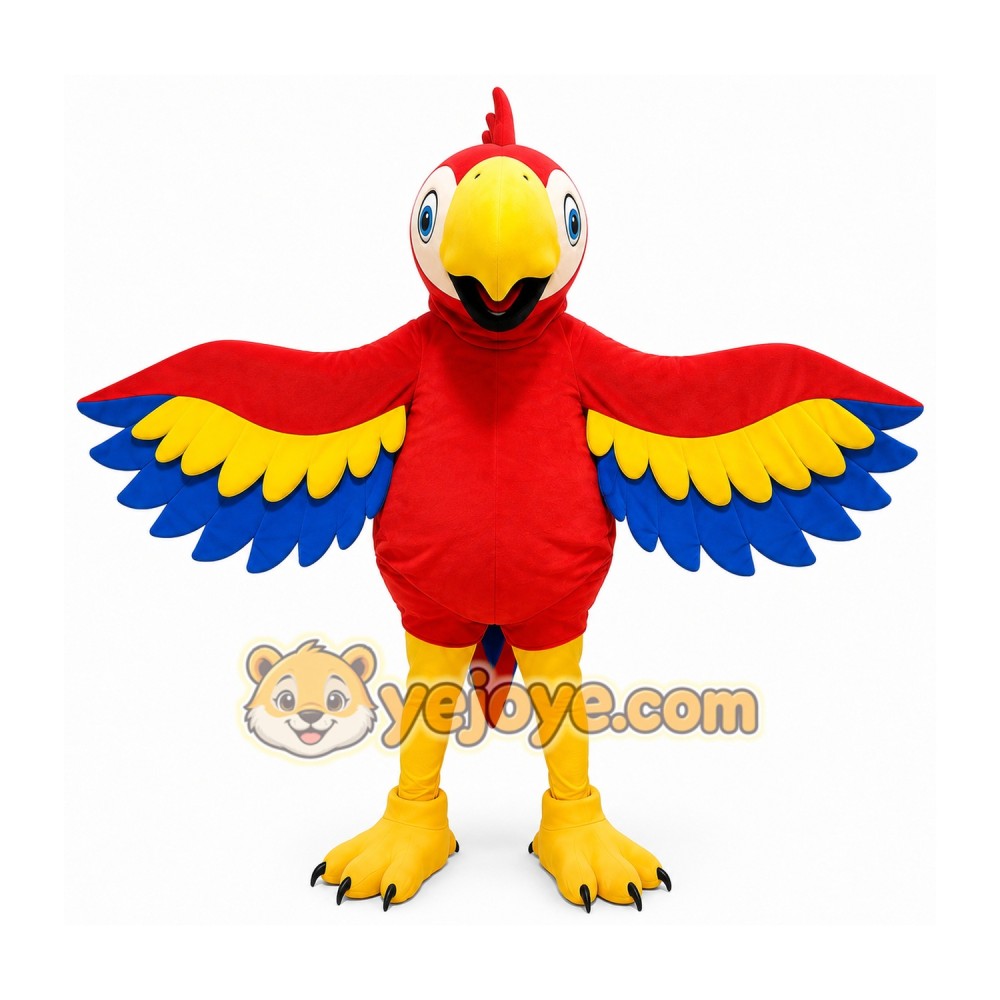 Red Parrot Mascot Costume with Yellow and Blue Wings Red Parrot Mascot Costume with Yellow and Blue Wings