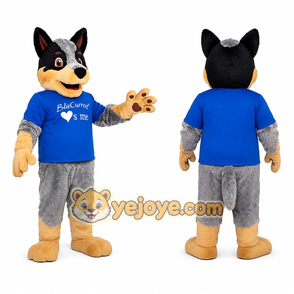 Black and Gray Wolf Mascot Costume with Blue Shirt Black and Gray Wolf Mascot Costume with Blue Shirt