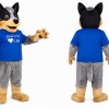 Black and Gray Wolf Mascot Costume with Blue Shirt