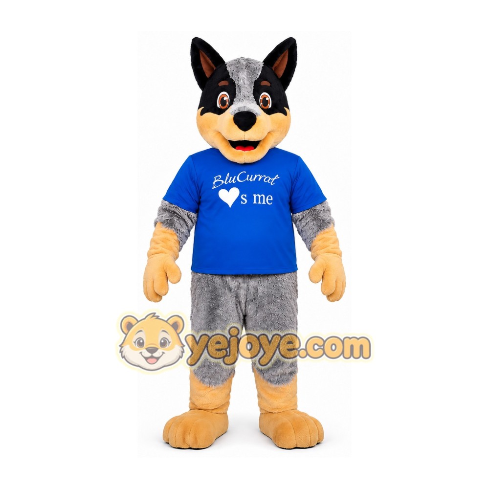 Black and Gray Wolf Mascot Costume with Blue Shirt Black and Gray Wolf Mascot Costume with Blue Shirt