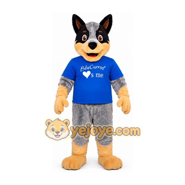Black and Gray Wolf Mascot Costume with Blue Shirt