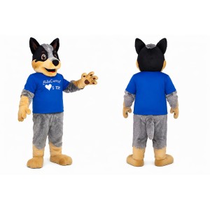 Black and Gray Wolf Mascot Costume with Blue Shirt