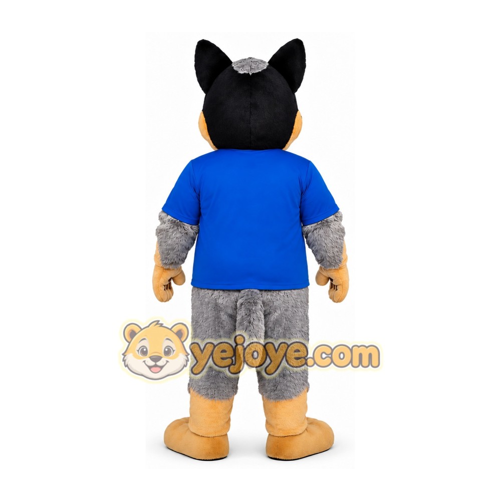 Black and Gray Wolf Mascot Costume with Blue Shirt Black and Gray Wolf Mascot Costume with Blue Shirt