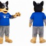 Black and Gray Wolf Mascot Costume with Blue Shirt