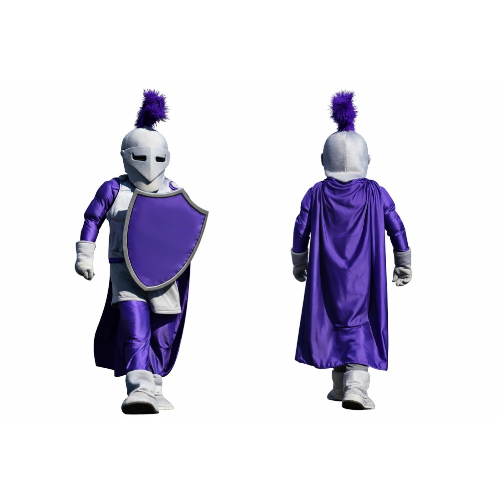Purple Knight Mascot Costume with Silver Helmet