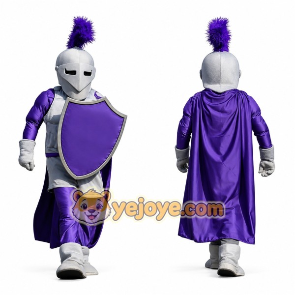 Purple Knight Mascot Costume with Silver Helmet