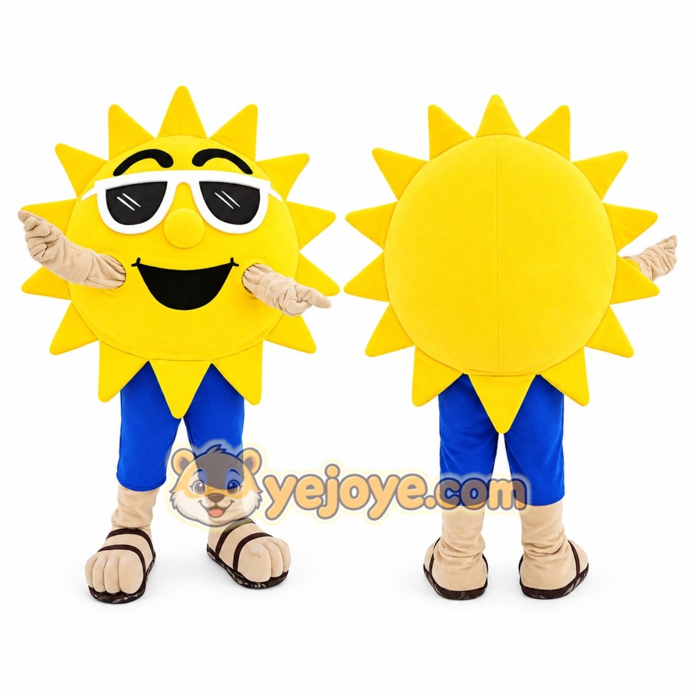 Yellow Sun Mascot Costume with Sunglasses Yellow Sun Mascot Costume with Sunglasses