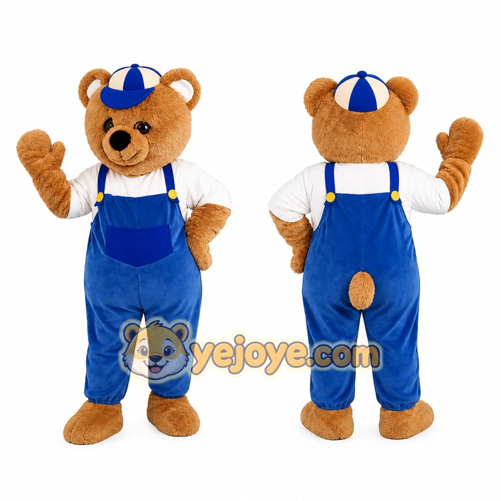 Brown Bear Mascot Costume with Blue Overalls Brown Bear Mascot Costume with Blue Overalls