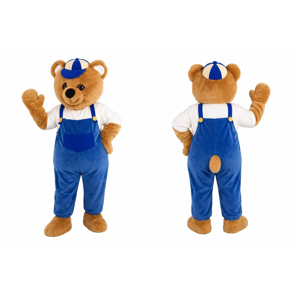 Brown Bear Mascot Costume with Blue Overalls