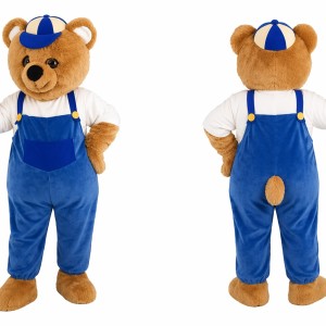 Brown Bear Mascot Costume with Blue Overalls