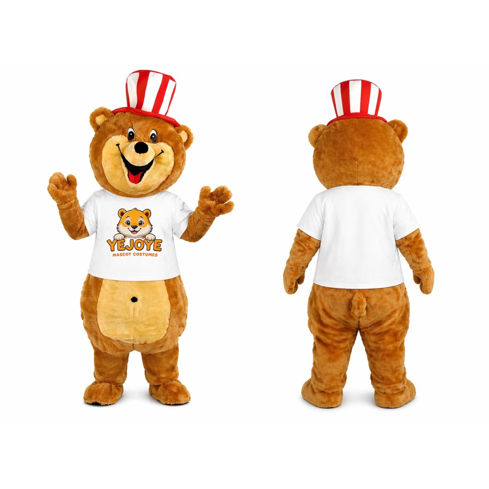 Brown Bear Mascot Costume with Red White Hat