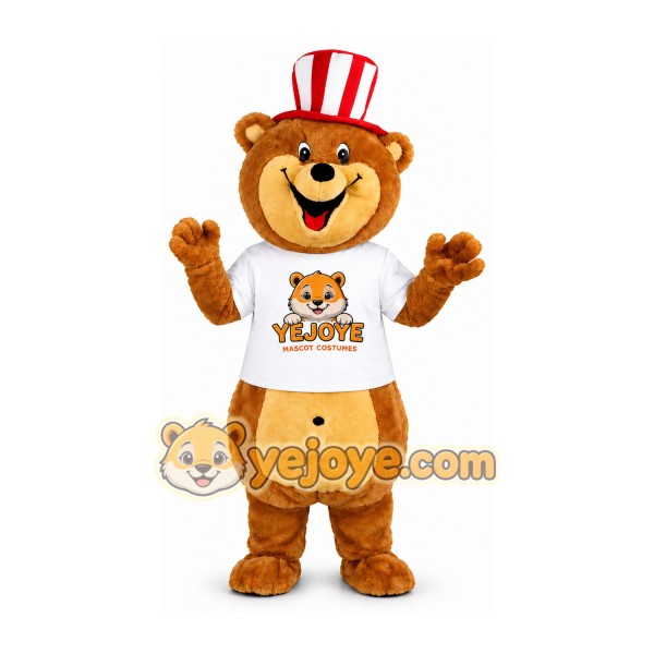 Brown Bear Mascot Costume with Red White Hat