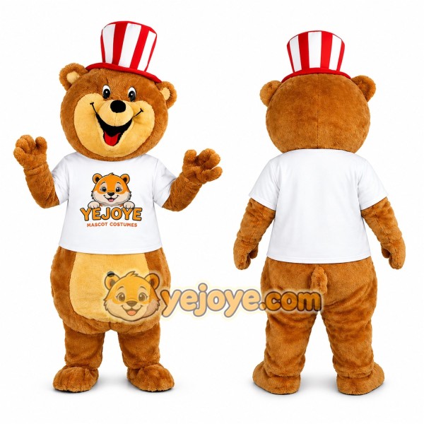 Brown Bear Mascot Costume with Red White Hat