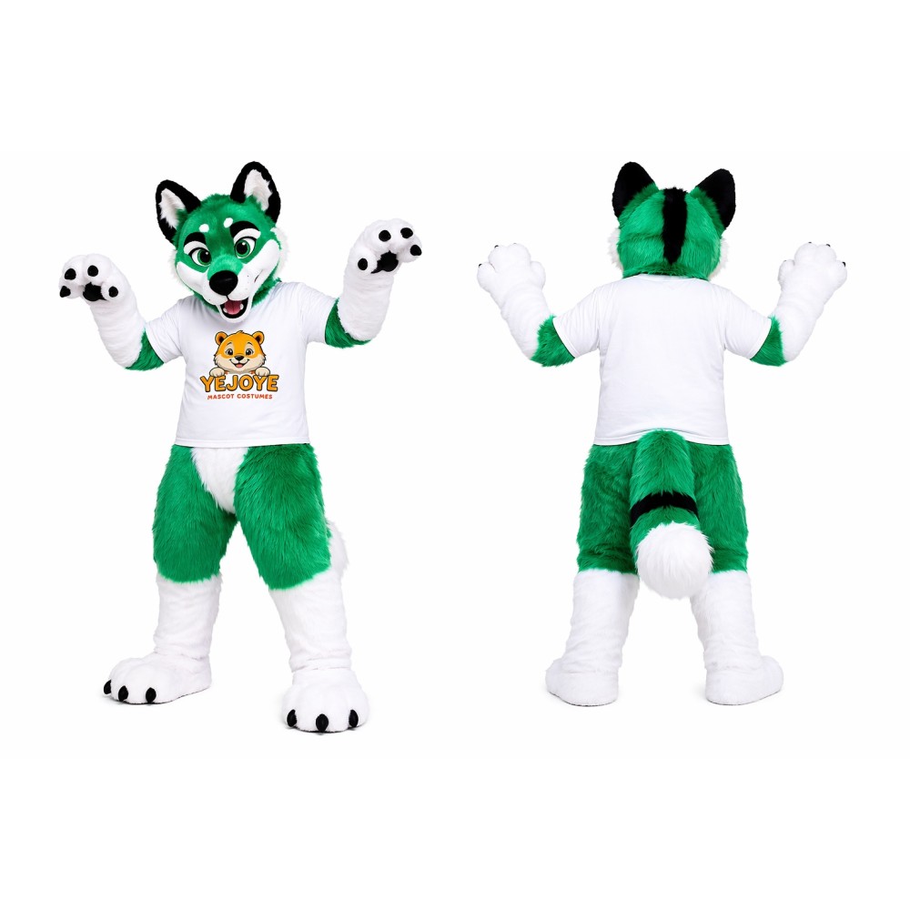 Green and White Wolf Mascot Costume