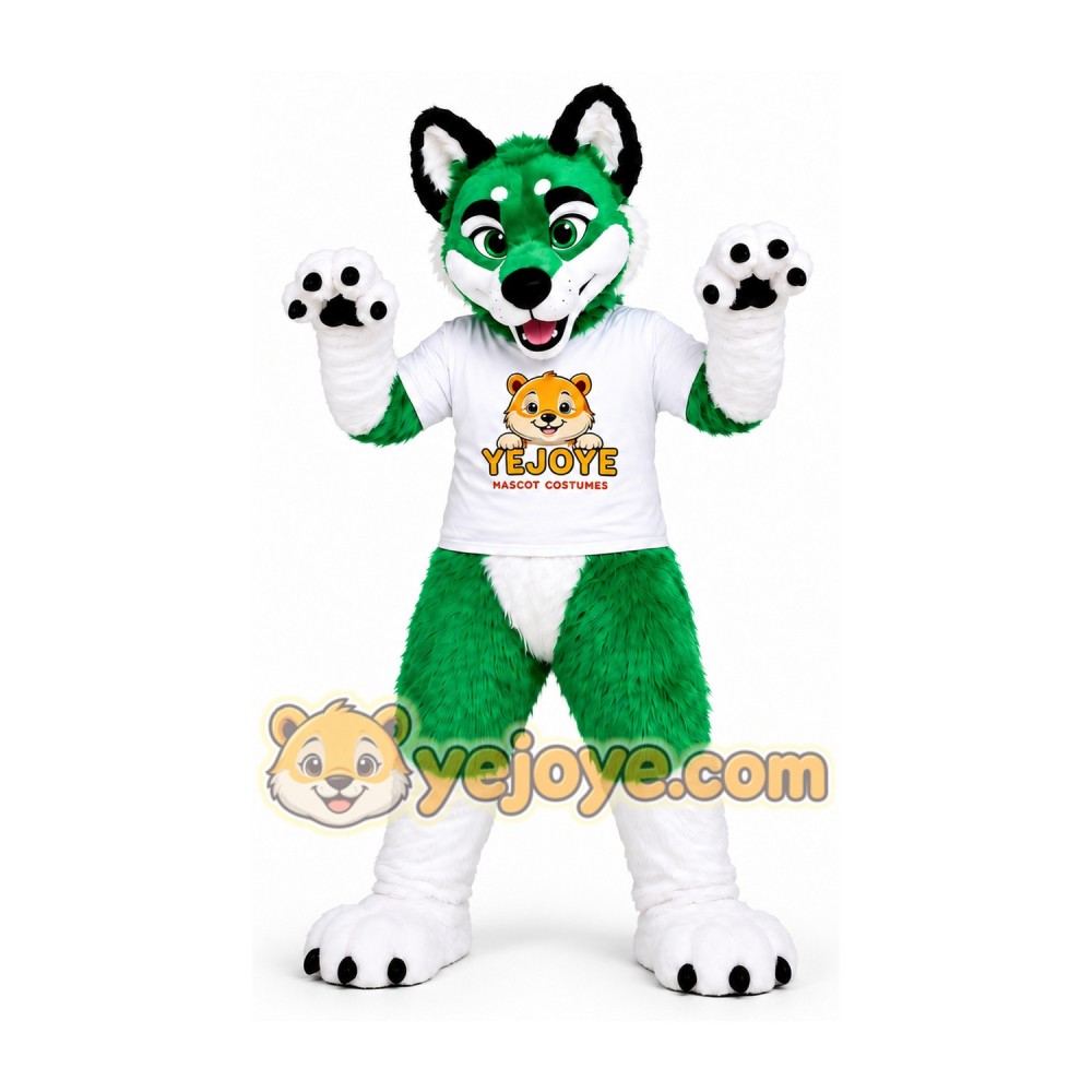 Green and White Wolf Mascot Costume Green and White Wolf Mascot Costume