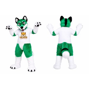 Green and White Wolf Mascot Costume