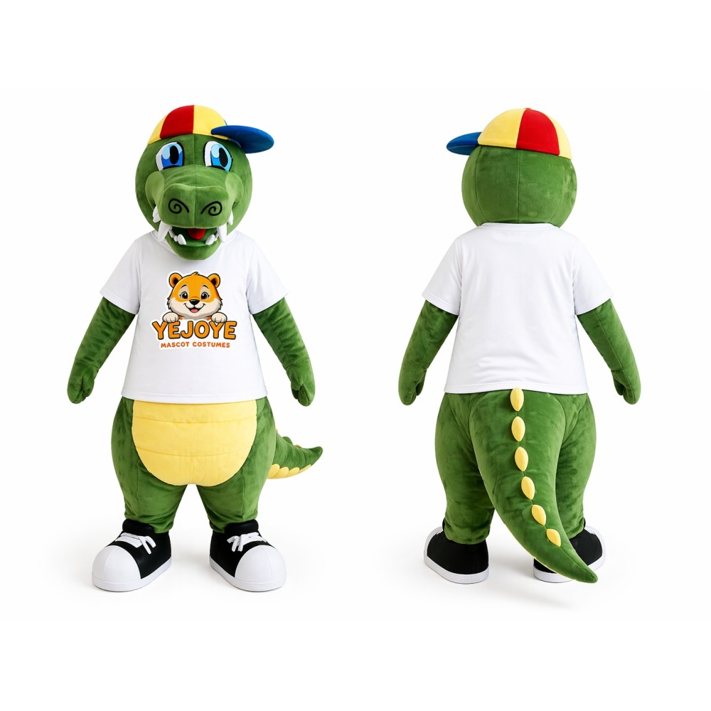 Green Crocodile Mascot Costume with Colorful Cap