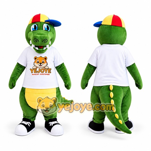 Green Crocodile Mascot Costume with Colorful Cap
