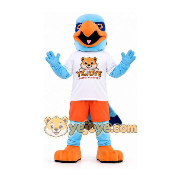 Light Blue Bird Mascot Costume with Orange Shorts