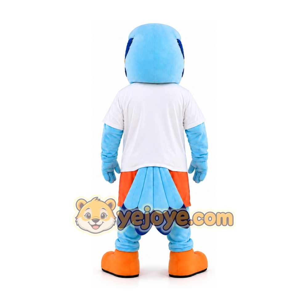 Light Blue Bird Mascot Costume with Orange Shorts