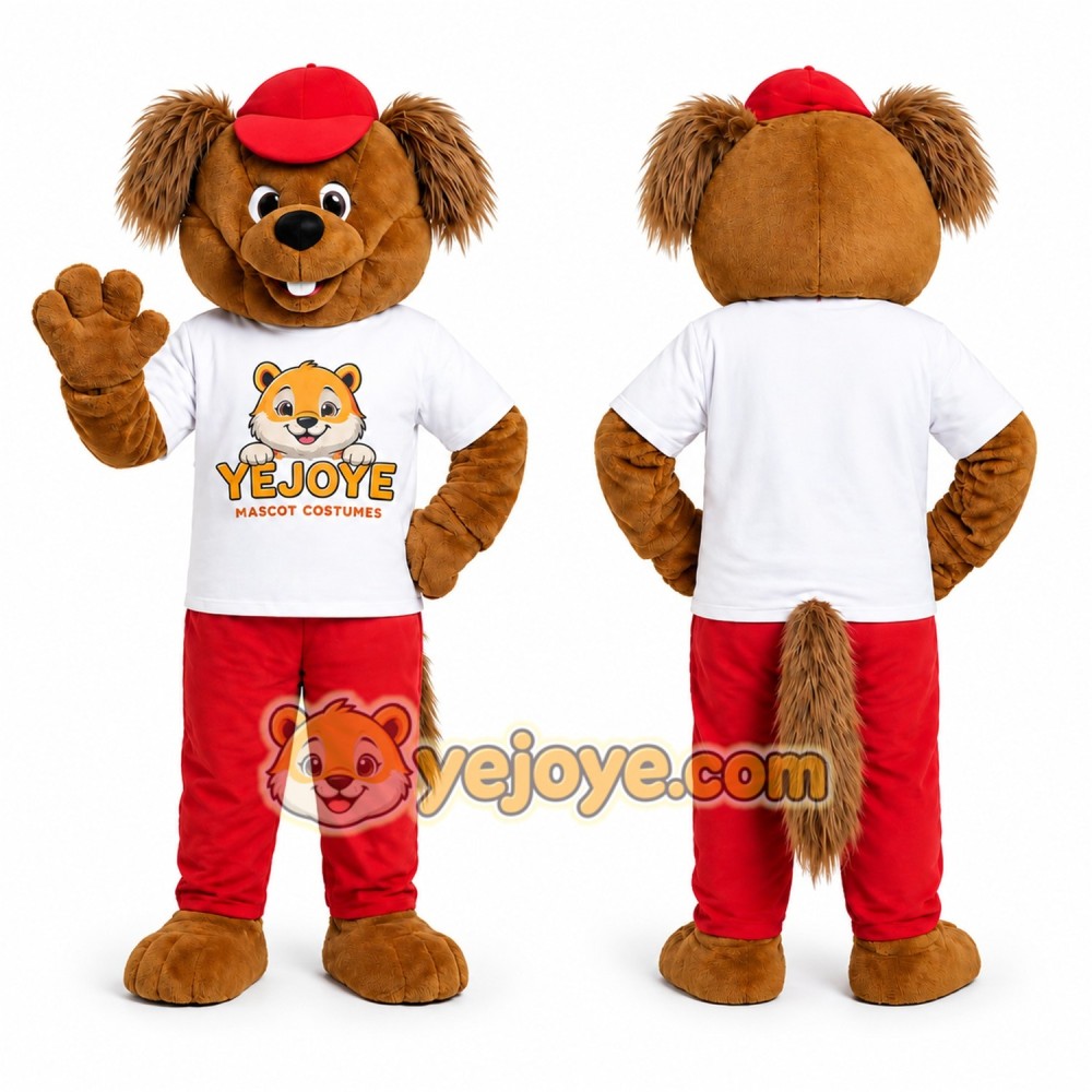 Brown Dog Mascot Costume with Red Cap Brown Dog Mascot Costume with Red Cap