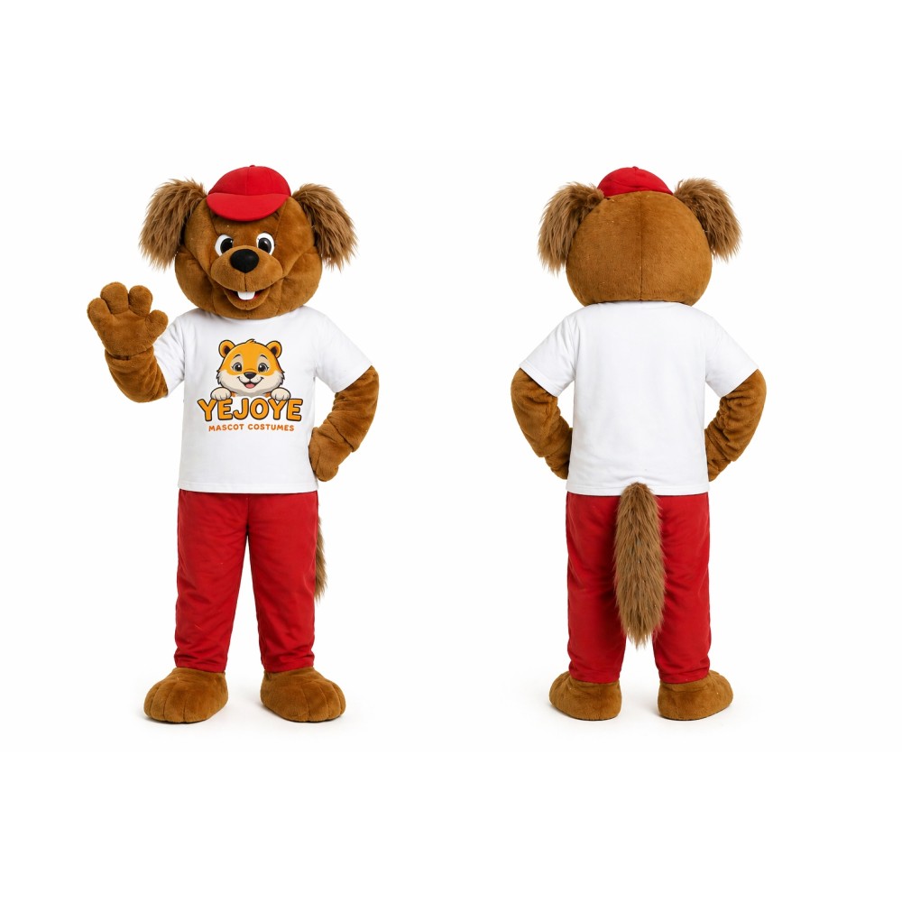 Brown Dog Mascot Costume with Red Cap