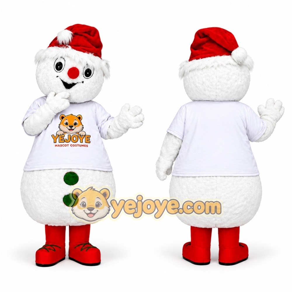 White Snowman Mascot Costume with Red Hat White Snowman Mascot Costume with Red Hat