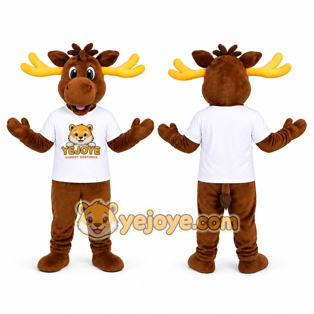 Brown Moose Mascot Costume with Yellow Antlers