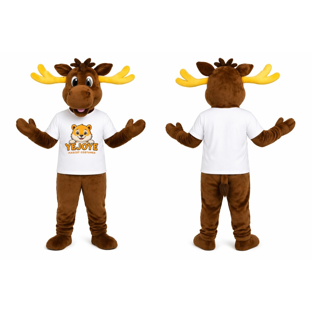Brown Moose Mascot Costume with Yellow Antlers