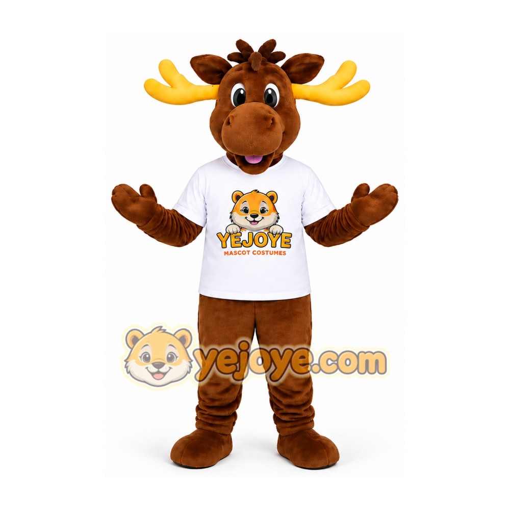 Brown Moose Mascot Costume with Yellow Antlers